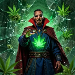 snoop dogg as doctor strange, multiple dimensions, green light, marijuana leaves, marijuana, shattered glass, refractions, highly detailed, environmental light, cinematic by francis tneh, outfit doing magic,, unreal, octane render, nvidia, concept art