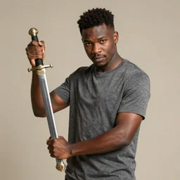 Studious black man holding a sword