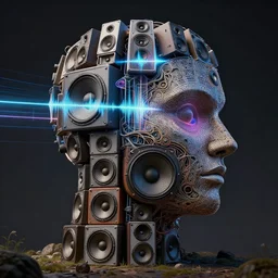 highly detailed surreal surreal vfx portrait of a landscape of recursive speakers forming a 3 d head. a head made of speakers. polyphonic ecstacy. frequency, cymatics, oscilloscope, vibrations, pulse projections. ornate, hyperrealistic, octane render, chiaroscuro, inspired by greg rutkowski, android jones, beeple, rhads, shaun tan, frostbite 3 rendered
