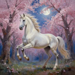 a beautiful painting of pegasus in a cherry blossom forest, volumetric lighting, moonlit by greg rutkowski and kalin popov, trending on artstation, masterpiece,