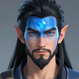 blue forehead crystal, male black haired half elf, strong goatee, blue eyes, artstation, style of jesper ejsing, by rhads, makoto shinkai and lois van baarle, ilya kuvshinov, ossdraws