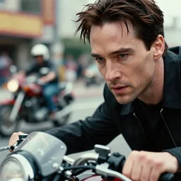 beautiful hyperrealism three point perspective film still of keanu reeves as neo in a motorcycle chase scene in matrix ( 1 9 9 0 ) extreme closeup portrait in style of 1 9 9 0 s frontiers in miniature street photography matte painting by emmanuel lubezki seinen manga fashion edition, miniature model, focus on face, eye contact, tilt shift style scene background, soft lighting, kodak portra 4 0 0, macro, cinematic style
