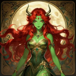 symmetry!!!!!! beautiful red - haired green - skin alien anime moon princess close portrait, wearing ornate clothing, ultra detailed, elegant, intricate, anime, dynamic lighting, dnd, digital art, digital painting, artstation, wlop, sharp focus, illustration, art by artgerm and greg rutkowski and alphonse mucha, 8 k