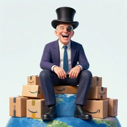 A psychedelic portrait maniac laughing jeff bezos with monocle and tophat sitting on pile of amazon packages while earth explodes in background , vibrant color scheme, highly detailed, in the style of romanticism, cinematic, artstation, Moebius, Greg rutkowski