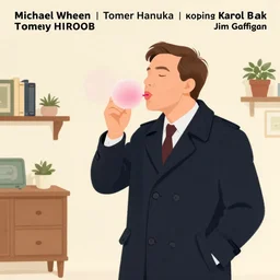poster artwork by Michael Whelan and Tomer Hanuka, Karol Bak of Jim Gaffigan blowing single perfect bubblegum, he's a hitman in peacoat, from scene from Twin Peaks, clean, simple illustration, nostalgic, domestic, full of details, by Makoto Shinkai and thomas kinkade, Matte painting, trending on artstation and unreal engine