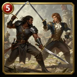 a blackman rogue with a kukri fighting a french gentleman with a rapier, epic fantasy digital art, fantasy style art, by Greg Rutkowski, fantasy hearthstone card art style