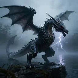 ghost of a dragon, lightning, lake background, gerald brom, hyper detailed, 8 k, fantasy, dark, grim, foggy