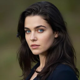 beautiful young scottish woman with dark hair and blue eyes, anima by eirn hanson