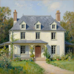 Intricate five star farm house by monet, oil on canvas, HDR, high detail, Photo realistic, hyperrealism,matte finish, high contrast, 3d depth, masterpiece, vivid and vibrant colors, enhanced light effect, enhanced eye detail,artstationhd