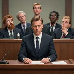 high quality picture of andrew schulz being interrogated at a trial with comedy gods. digital art, 8 k, octane render