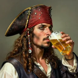head and shoulder of a pirate drinking a beer, illustration by mandy jurgens and william adolphe bouguereau, artgerm, 4 k, digital art, surreal, highly detailed, artstation, digital painting, concept art, smooth, sharp focus, illustration by mandy jurgens and william adolphe bouguereau