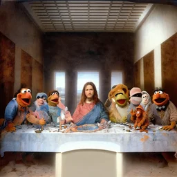 high quality ,the last supper but with charaters from the Muppets ,in leonardo da vinci style