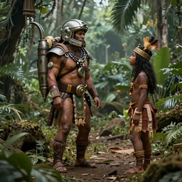 An ancient astronaut visiting a primitive jungle tribe, cinematic matte painting, trending on Artstation
