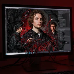 photo if creative coder trapped in the wires from the monitor part by hopper, part by rodcenko, part by hofbauer, intricate composition, black by caravaggio, insanely quality, highly detailed, masterpiece, red light, artstation