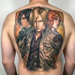 a tattoo on my back of albert wesker and chris redfield, by gaston bussiere, craig mullins, greg rutkowski, alphonse mucha