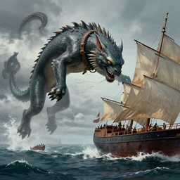 the mythological kelpie attacking trade ships, 4 k uhd