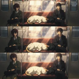 3 panel scene, anime cat sleeps inside a japan subway - dramatic cozy arts by wlop and okuda genso. wide angle lens. featured on pixiv, anime aesthetic. pixiv, warm aesthetic, rays of light, volumetric light, artstation, vanitas, official art, gothic, noise film photo. octane render, redshift render, ue 4
