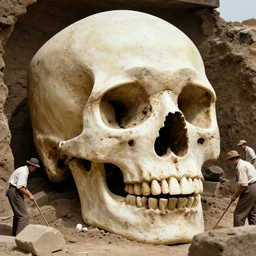 photo from the 1 9 4 0 s of archaeologists digging up a giant, massive human skull, high quality, 8 k