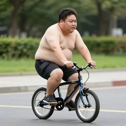 a very fat man riding a small bicycle