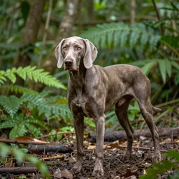 weimaraner hunting a bord in the jungle