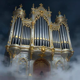 illustration of close low angle view of an ornate obsidian gothic pipe organ with gold spidery embellishments, night, smoke, ground fog, by peter mohrbacher, by alex andreev, by jacek yerka, by vincent di fate, large depth of field, super detailed, digital art, trending on artstation, ornate