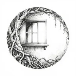 an ink drawing of window swallowed in a root system, elaborate bark, encroaching vines, shape of a circle, circular shape, white background