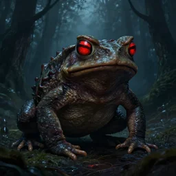 digital painting of a giant evil monstrous slimy toad in the dark forest, glowing red eyes, slimy toads, dark night, midnight, foggy, atmospheric, highly detailed, hyperrealistic, gothic horror, trending on artstation, gross, pan's labyrinth, digital art, dark fantasy, by a creature artist