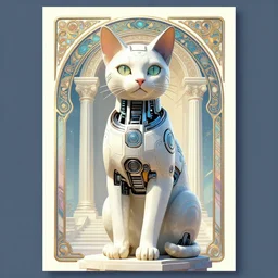 Statue of a cat gof with cybernetics. Synthwave. temple. 8k resolution, extremely detailed, digital illustration. Poster by alphonse mucha.