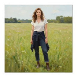 A beautiful full body painting of Laura Linney in a field.