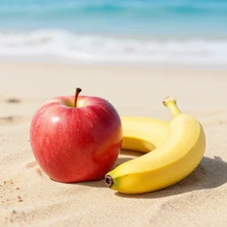 apple next to a banana on the beach