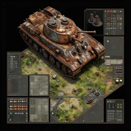 directly overhead axonometric view, digital painted rusted dieselpunk tank virtual tabletop asset sheet, grid arrangement, roll 2 0, 2 - minute tabletop, battle map prop, black background, unity asset store, by greg rutkowski, trending on artstation