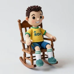 Cristiano Ronaldo doll knitted from yarn, sitting in a rocking chair, realism, proportions