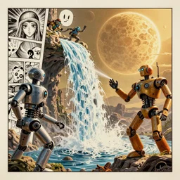 Action scene from the film ghost in the machine, golden hour, backlit by an alien planet, sharp focus, ultra detailed, cgsociety, psychedelic manga, gauche on paper by salvidor dali, 3d Octane render, waterfall falling onto robots
