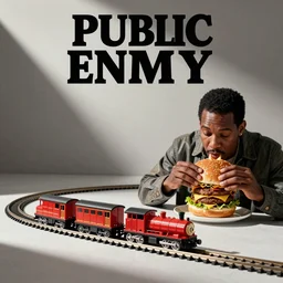 album cover for public enemy playing with a toy train set eating hamburgers