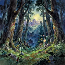 traditional gouache watercolor painting of deep fantasy forest wacky landscape graveyard and city in far distance, with backlighting at night by makoto shinkai miyazaki