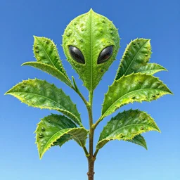 Fractal Alien Tea Leaves in front of a blue sky.  Extremely detailed. Beautiful. 4K. Award winning.