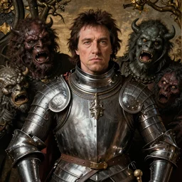 portrait of your marlon brando as king of mystic world, by jan van eyck, intricate armoury, monsters in arms
