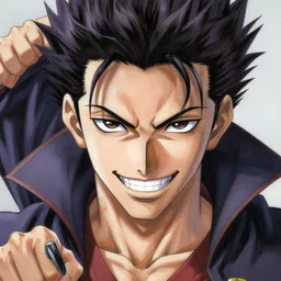 portrait manga of a demon necromancer protagonist, short hair, smiling sharp teeth, fighting pose made by Yusuke Murata, Tomohiro Shimoguchi, Takeshi Obata, Tite Kubo, ArtStation, CGSociety, direct gaze, beautiful face, sharp fine-face, pretty face, realistic shaded Perfect face, fine details,perfect composition body, symmetrical face,symmetrical eyes, intricate detailed oil painting, detailed illustration, oil painting