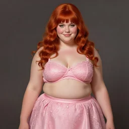 full body portrait of teenage cheryl blossom, obese, bangs, sultry, realistic, red hair, sultry smirk, wavy hair, pink skirt, fat, obese, intricate, elegant, glowing lights, highly detailed, digital painting, artstation, concept art, smooth, sharp focus, illustration, art by wlop, mars ravelo and greg rutkowski