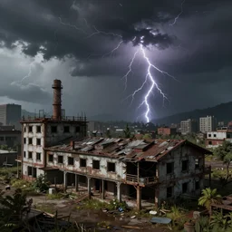 thunderstorm days, a beautiful ultradetailed rendering of architecture nature unfinished building industrial architecture abandoned ranch building city, realistic model, real lighting, film atmosphere, highly detailed, trending on artstation, the last of us : part 2 style