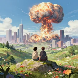 a couple sitting on top of a rock covered floral serene hillside watching a nuclear explosion in a distant city with skyscrapers, a detailed matte painting by filip hodas, sharp focus, anime asthetic, cgsociety, fantasy art, cinematic, artstation hq, vfxfriday, dystopian art