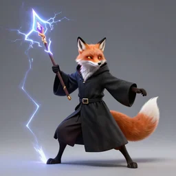 the fox magician with a black robe blast a thunder spell with his staff, thunder ray, artstation