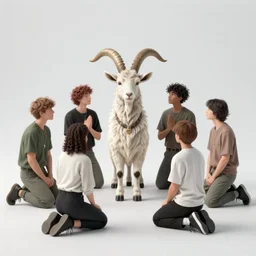 A group of millennial hipsters kneeling and worshipping before a satanic goat-person at the center, in the style of Corporate Memphis, Alegria style, Big Tech corporate art design, simple gradients, simple, minimalist