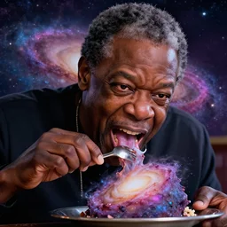 a cinematic still of neil degrasse tyson ferociously eating a galaxy, ((octane render, nvidia raytracing demo)), masterpiece, ((monster))