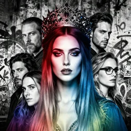 highly detailed closeup portrait of queen of dimensions, really epic gradient, by atey ghailan, by greg rutkowski, by greg tocchini, by james gilleard, by joe fenton, by kaethe butcher, gradient red blue rainbow, black and white color scheme, grunge aesthetic, graffiti tag wall background