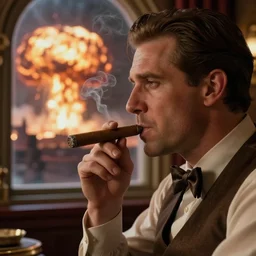 Mr. House, high detail of the face, Fallout New Vegas, looks at the nuclear explosion from the window of the Lucky 38 Casino and smokes a cigar; ultra HD, realistic, retro, 45mm, elegant,