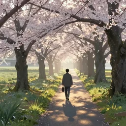 morning wlak around tokyo tachikawa. volumetric lighting, spring early morning, dew, nice weather, realistic illustration, perfectly shaded, digital painting, unreal engine render, art by krenz cushart and nixeu
