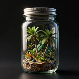 a tropical island inside a glass jar!, with a metal lid, blacl background, back light, intricate, highly detailed, volumentric lighting, hyperrealistic, octane render 8 k, specular highlights, subsurface scattering, artstation, cgsociety, inspired by famous artists
