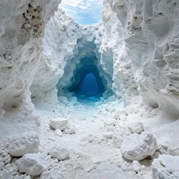 grotta marina di cristalli bianchi, campo ampio, pavimento naturalistico fatto di oceano blu, altamente complesso, cinematografico, suggestivo