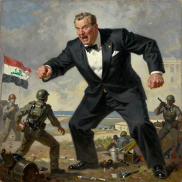 Giant George H.W. Bush terrorizes Iraq, oil on canvas, 1883